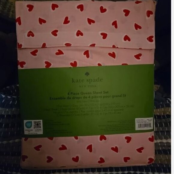Kate Spade QUEEN Sheet Set 100% Cotton Percale PINK Hearts on White 4 piece NEW - Picture 1 of 3
